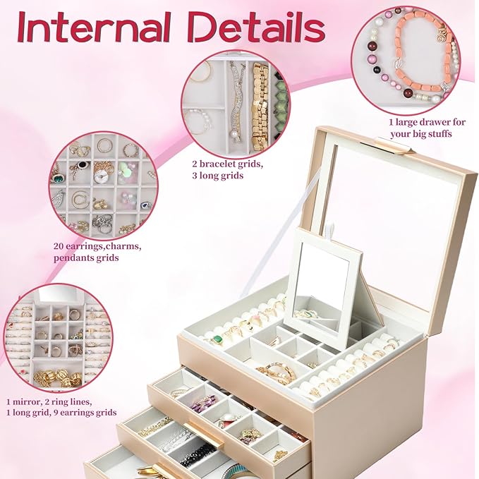 BOOVO Clear Lid Jewelry Box,4 Layers Jewelry Organizer Large Jewelry Storage Box with 3 Drawers,Jewelry Holder Organzier of R