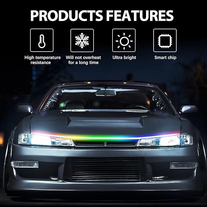 Car Led Lights Exterior RGB Hood Light Strip IP68 Waterproof Multicolor Dynamic Scan Start Up Hoodbeam Kit Compatible with Chevy Silverado 1500 2500,Truck,SUV,APP Control,12V(RGB, 59inch)