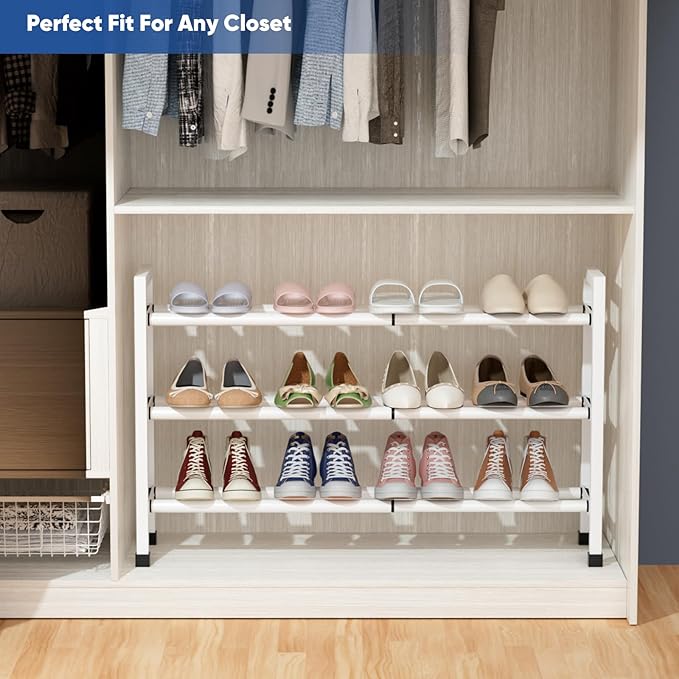 Abiglifty 3-Tier Expandable Shoe Rack,17"-33" Adjustable Shoe Rack for Closet,Metal Shoes Shelves for Front Door Entrance, Ga