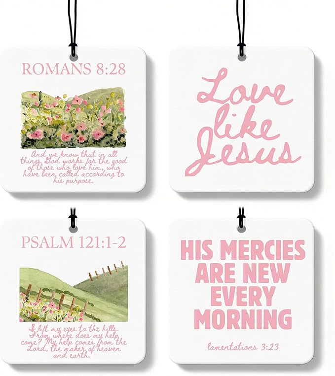 Pink Christian Square Citrus Car Air Freshener 4 Pcs, Preppy Floral Religious Bible Verse Hanging Air Freshener for Cars Bath