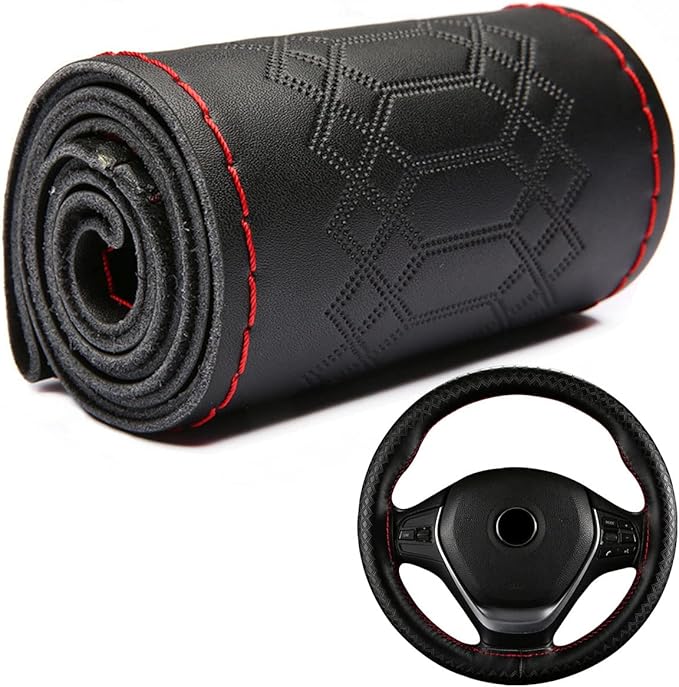 DEEYOTA Car Steering Wheel Cover Universal Fit Round Stitch Steering Wheel Wrap Thin PU Leather Steering Wheel Cover Sewn on 