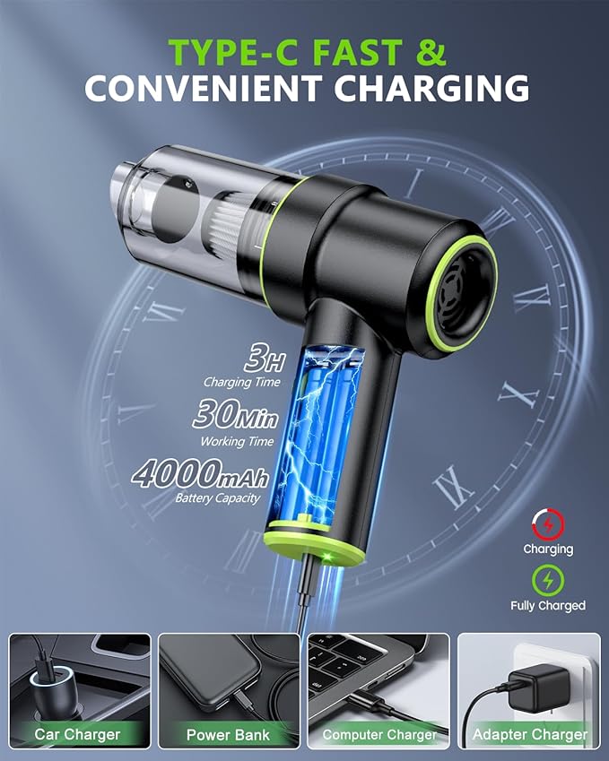 CODN Handheld Car Vacuum Portable Cordless 12000PA, 2 in 1 Handheld Vacuum Cleaner and Air Duster with Multi-Nozzles and LED 