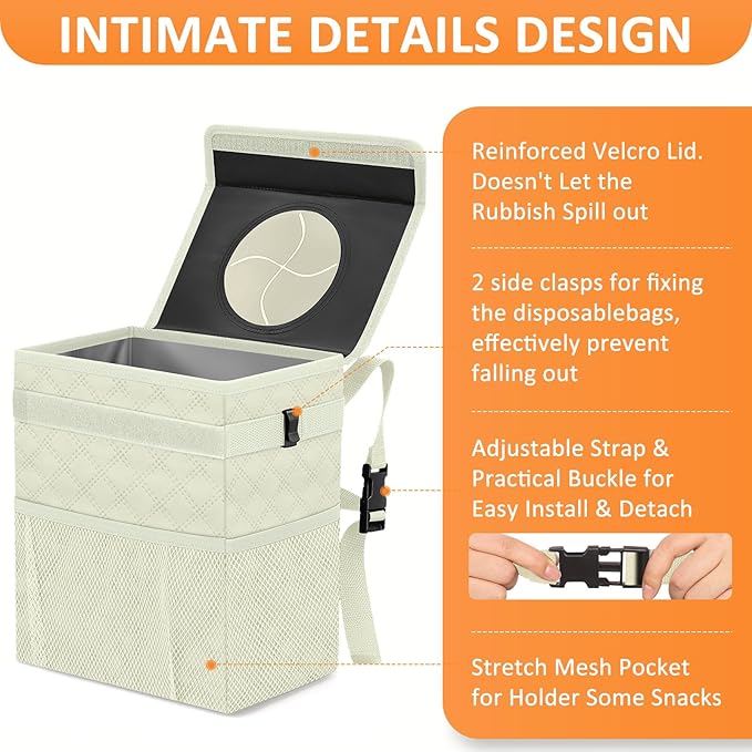 White Car Trash Can Cute, White Car Accessories for Women Waterproof Automotive Garbage Cans Leak Proof Vehicle Trash Can Diamond Pattern-Beige