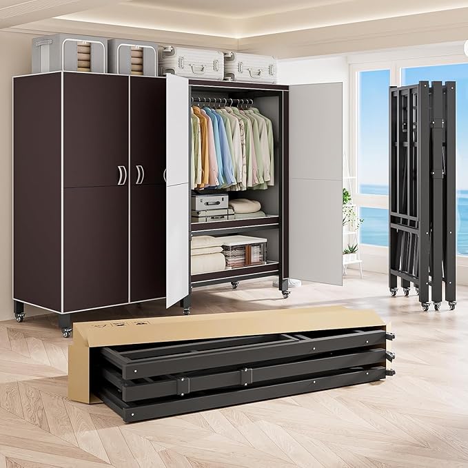 Heavy Duty Covered Clothes Rack with Magnetic Door Foldable Portable Wardrobe Closet for Hanging Clothing Rolling Black Metal
