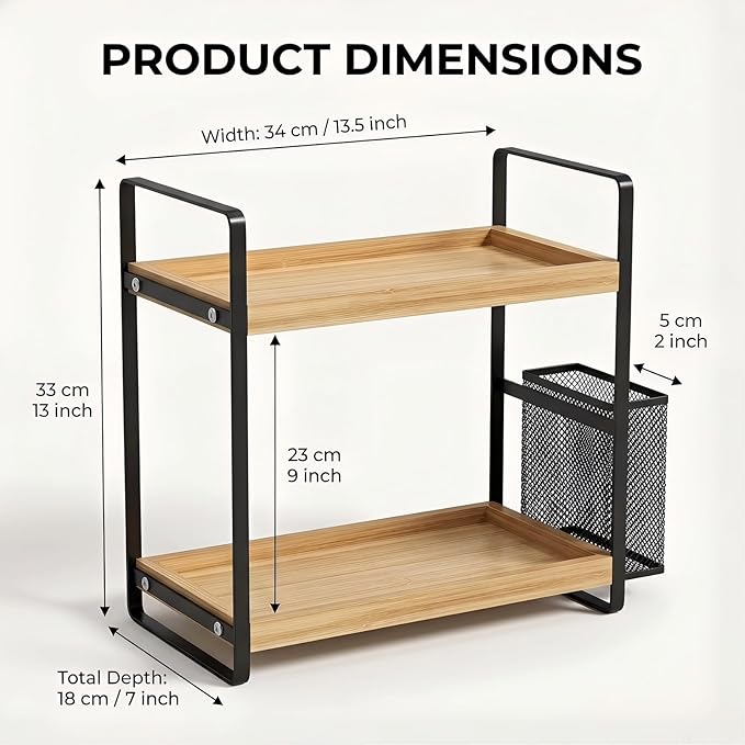 LEMIKKLE 2-Tier Wood Bathroom Counter Organizer with Basket,Waterproof Vanity Perfume Skincare Storage for Bathroom, Kitchen,