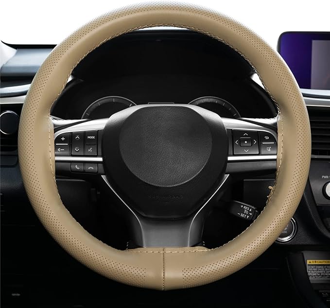 AUTOXBERT 38cm/15 Inch Genuine Leather DIY Steering Wheel Cover Soft Hand Sewing On Wrap Cover with Needles Thread fit for VW