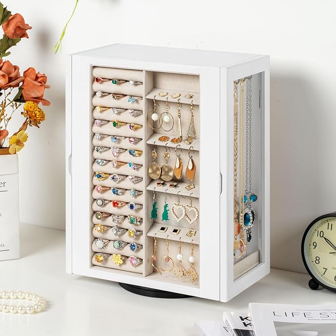 Emfogo 360° Rotating Jewelry Box for Women, Vintage Wooden Large Jewelry Organizer with 5 Drawers, Glass Doors, Vertical Open