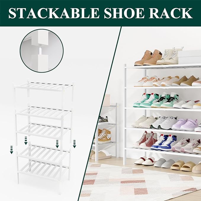Smiry Shoe Rack, 4 Tier Long Bamboo Shoe Organizer, Stackable Free Standing Wooden Shoe Storage Shelf for Closet, Entryway, F
