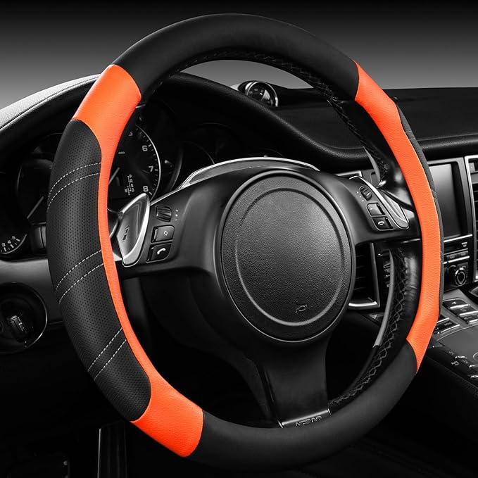 CAR PASS Leather Steering Wheel Cover and Waterproof Car Floor Mats,Microfiber Universal Car Combo Fit for 95% Sedan SUV Van 