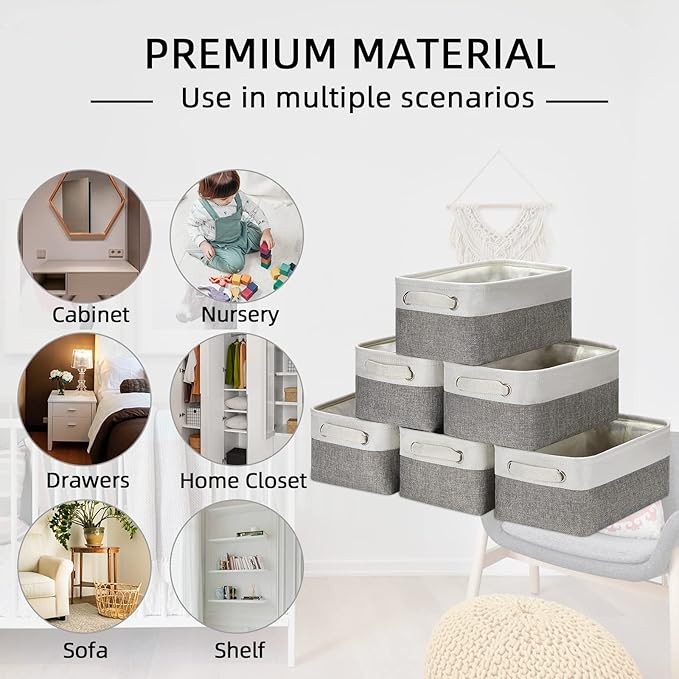 HNZIGE Small Organizer Bins for Shelf,Small Fabric Collapsible Baskets for Organizing Nursery Linen Canvas,Set of 6 Decorativ