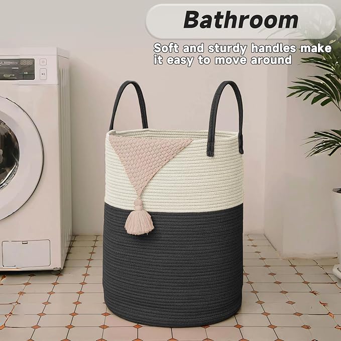 JMvicyroam Large Woven Laundry Basket Hamper,80L Cotton Rope Storage Bin for Blankets,Toys and Clothes,Decorative Tall Nurser