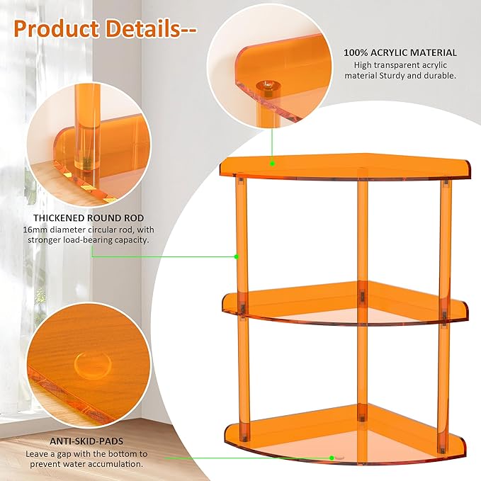 Sezanrpt 3 Tier Acrylic Corner Shelf Organizer Storage 9.5x9.5x15.7 Inch, Orange Countertop Corner Shelf for Bathroom, Kitche