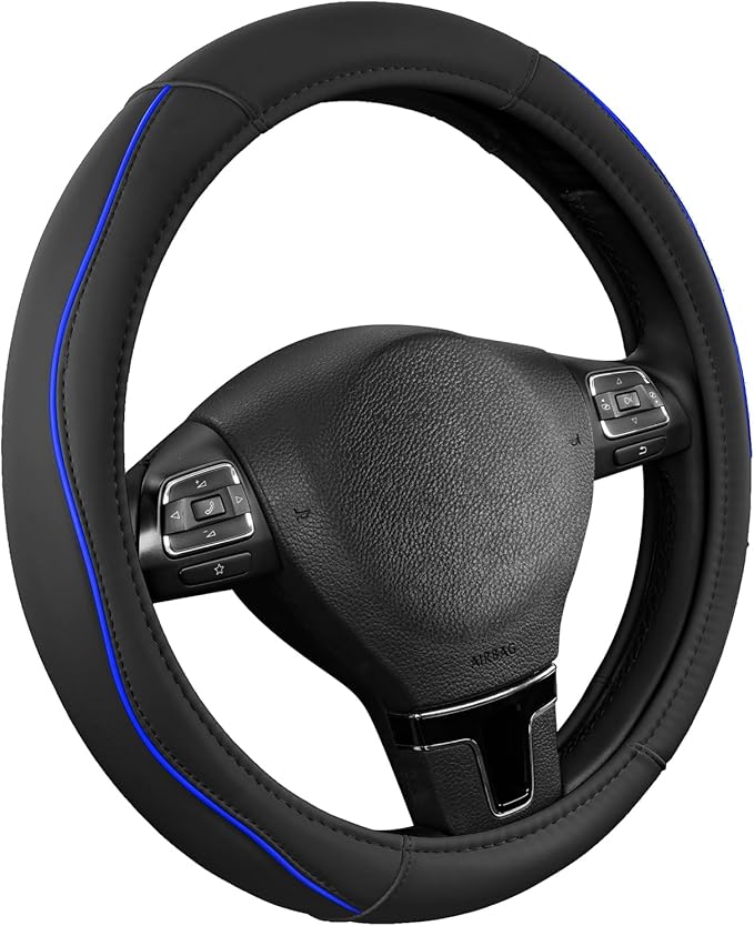 Road Comforts Leather Steering Wheel Cover with Decorative Trim and Piping, Anti-Slip Breathable Design, Fits 14.5–15 Inch Ro