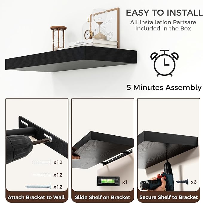 Floating Shelves for Wall, 30" W x 12" D x 2" H, 2 Pack of Long Wall Mounted Engineered Wood Shelves with Invisible Brackets 