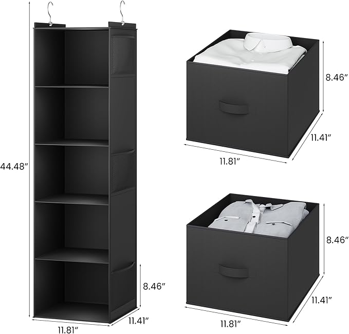 YOUDENOVA Hanging Closet Organizer, 5 Tier Hanging Closet Shelves with 6 Side Pockets and 2 Drawers, Black