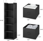 YOUDENOVA Hanging Closet Organizer, 5 Tier Hanging Closet Shelves with 6 Side Pockets and 2 Drawers, Black