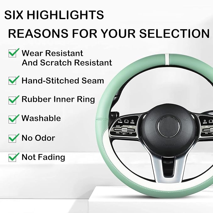 Green & White Nappa Leather Steering Wheel Cover, Cute Car Steering Wheel Cover for Men Women, 14.5-15 Inch Non-Slip Breathab