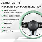 Green & White Nappa Leather Steering Wheel Cover, Cute Car Steering Wheel Cover for Men Women, 14.5-15 Inch Non-Slip Breathab