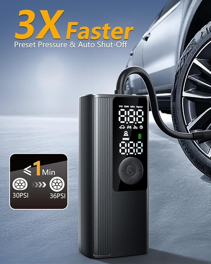 Tire Inflator Portable Air Compressor, 3X Faster Inflation Cordless Air Pump for Car Tires with Digital Pressure Gauge/LED Light, 150PSI Tire Pump with Auto Shut-Off for Car, Motorcycle, Bicycle, Ball