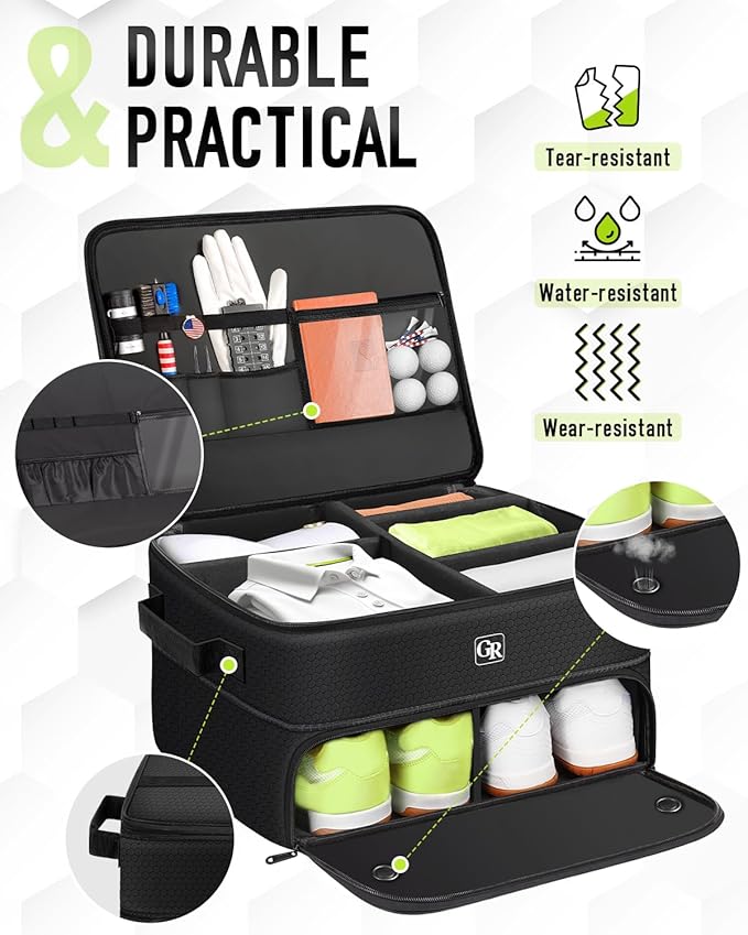 Odor-Absorbing 2-Layer Large Golf Trunk Organizer with Activated Carbon Fabric - Water-Resistant Golf Shoe Bag for Shoes Balls Tees Clothes