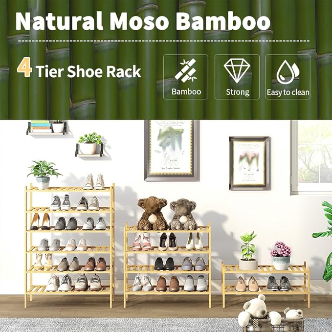 4-Tier Bamboo Shoe Rack for Entryway, Stackable | Heavy Duty | Multi-Function, Free Standing Shoe Racks for Bedroom Hallway C