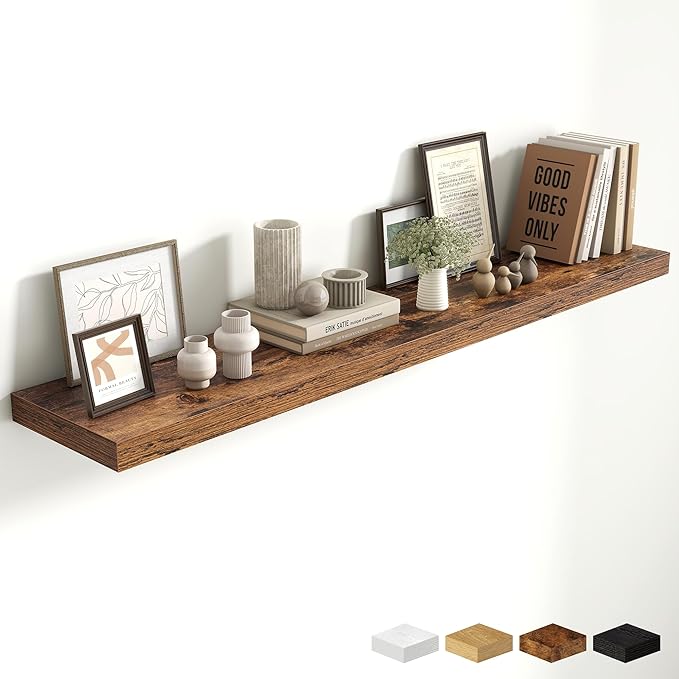 Fun Memories 55 Inch Fireplace Mantel Shelf, 10 Inch Deep Shelves for Display & Wall Storage, Rustic Wood Wall Shelf, Extra L