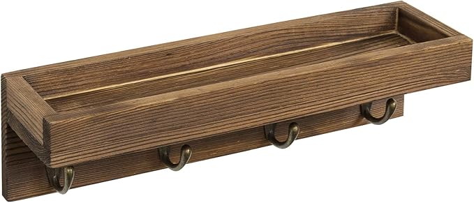MyGift 10 Inch Floating Wall Shelf with Hooks, Dark Brown Wood Entryway Storage Shelf with 4 Metal Key Hooks