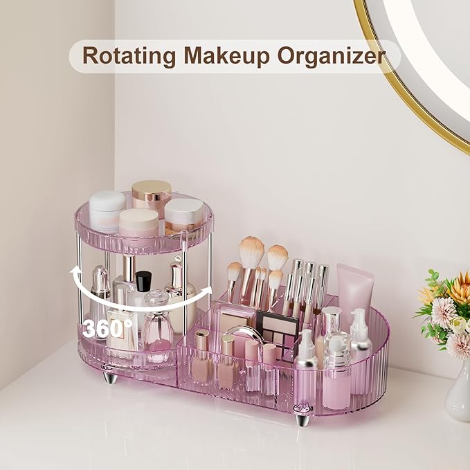 360 Rotating Vanity Makeup Organizer, 2 Small Trays & 5 Compartments for Cosmetics, Skincare, Perfume, Lipstick & Make up Bru