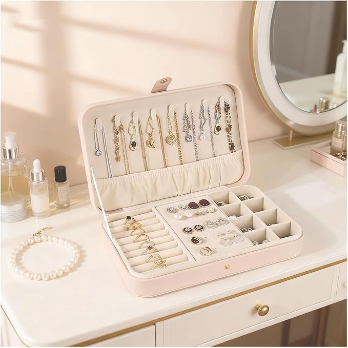 Luxury Small Travel Jewelry Box with Earring Compartments, Rectangle Jewellery Organizer Case for Women,Valentine's Day Gift 