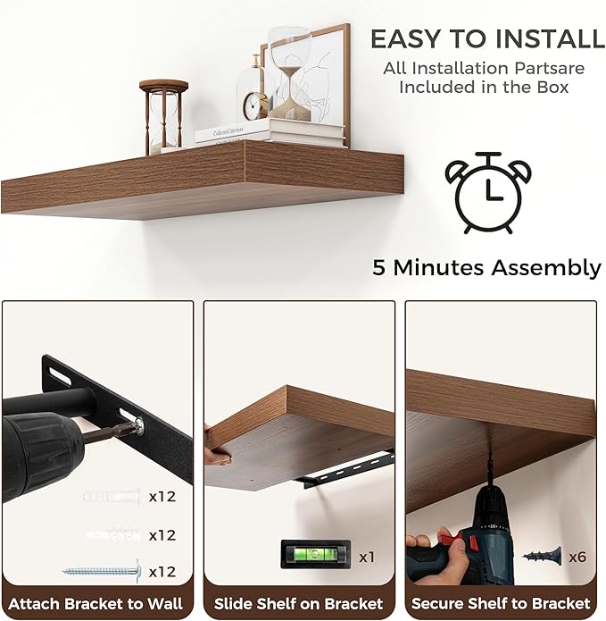 Floating Shelves for Wall, 30" W x 12" D x 2" H, 2 Pack of Long Wall Mounted Engineered Wood Shelves with Invisible Brackets 