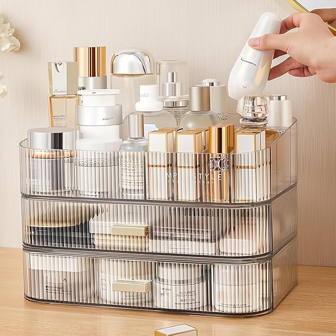 Clear Makeup Organizer for Vanity, Large Desk Organizer with Stackable Drawers for Cosmetics, Skincare, Lipsticks, Eyeshadow 