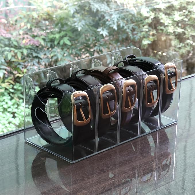 Belt Organizer - Clear Stackable Belt holder for Closet and Drawer Storage - 5 Compartments with Removable Dividers, Multi-Pu