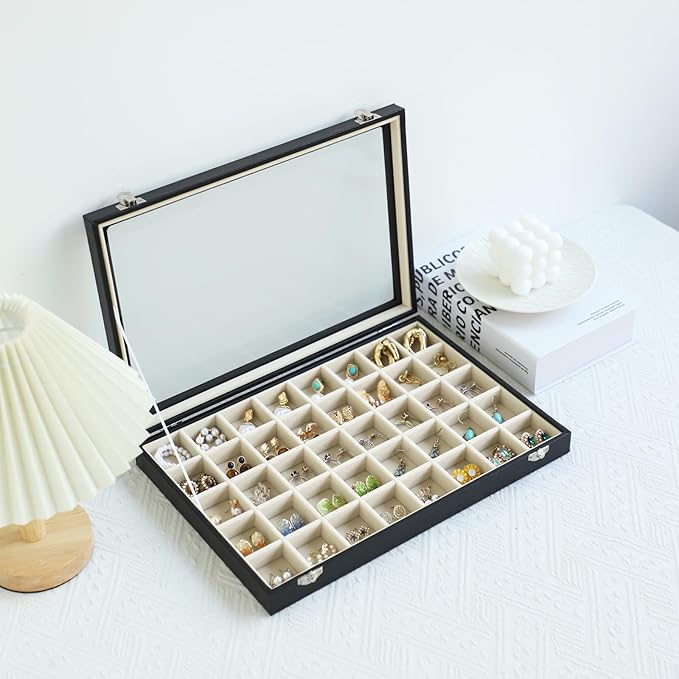 Stratalife Jewelry Organizer 40 Grid Beige Black Jewelry Tray with Clear Dust-proof Lid Velvet Earring Organizer Necklace Rin