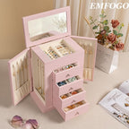 Emfogo Jewelry Boxes for Women, 5-Layer Large Leather Jewelry Organizer Box with Mirror and Drawers, Jewelry Storage for Neck
