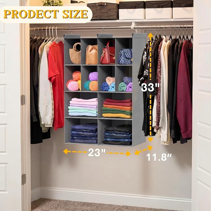 Ofiray-home 4 Tier Hanging Closet Organizer, 12 Compartments Sweater Organizer for Closet with 3 Sturdy Hooks, Closet Organiz