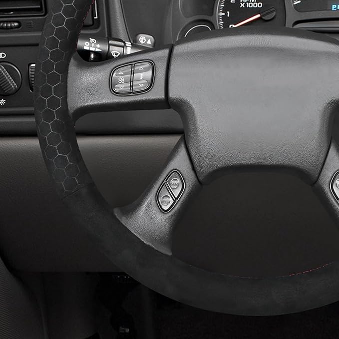 MEWANT Hand Stitched Steering Wheel Cover for Chevy Silverado 1500 2003-2006 Black Hive Embossed Athsuede Steering Wrap