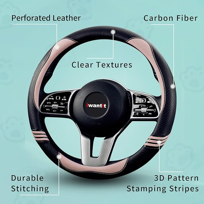 Iwantit® Steering Wheel Covers with Carbon Fiber, Universal Fit 14.5-15 inches for Cars,SUV (Romantic Pink)
