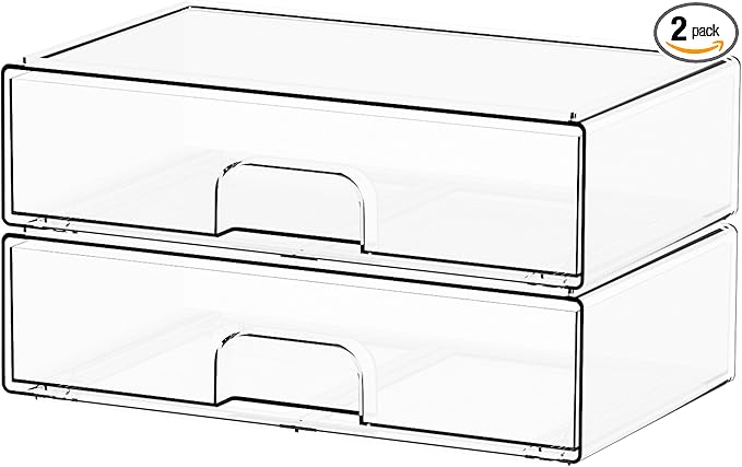Yieach 12.1''W Clear Stackable Storage Drawers,2 Pack Acrylic Drawer Organizer for Hair Accessories,Makeup Organizers,Plastic