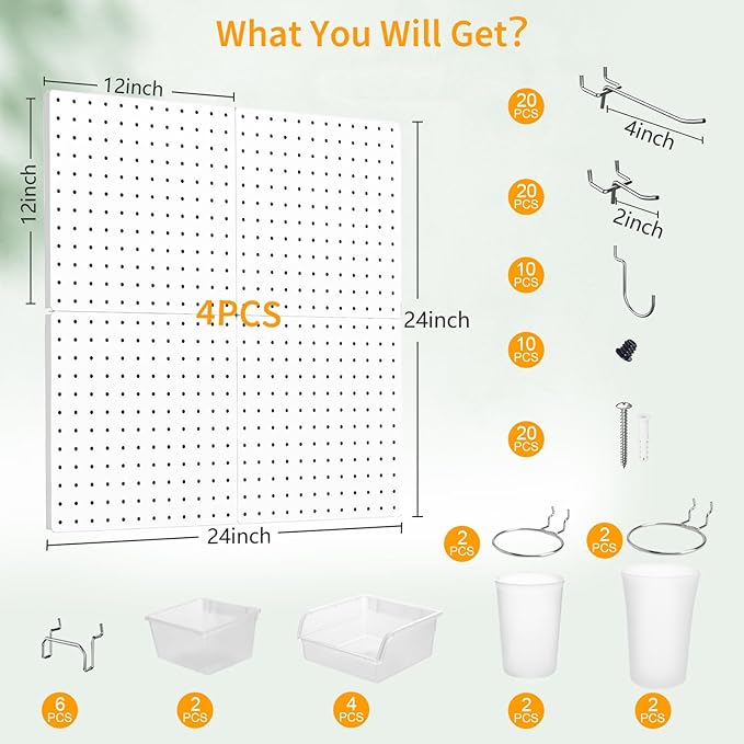 FZK Peg Board, 74PCS Metal Pegboard Wall Organizer Kit. Heavy Duty Pegboard, White Pegboard for Garage Craft Room Workbench O