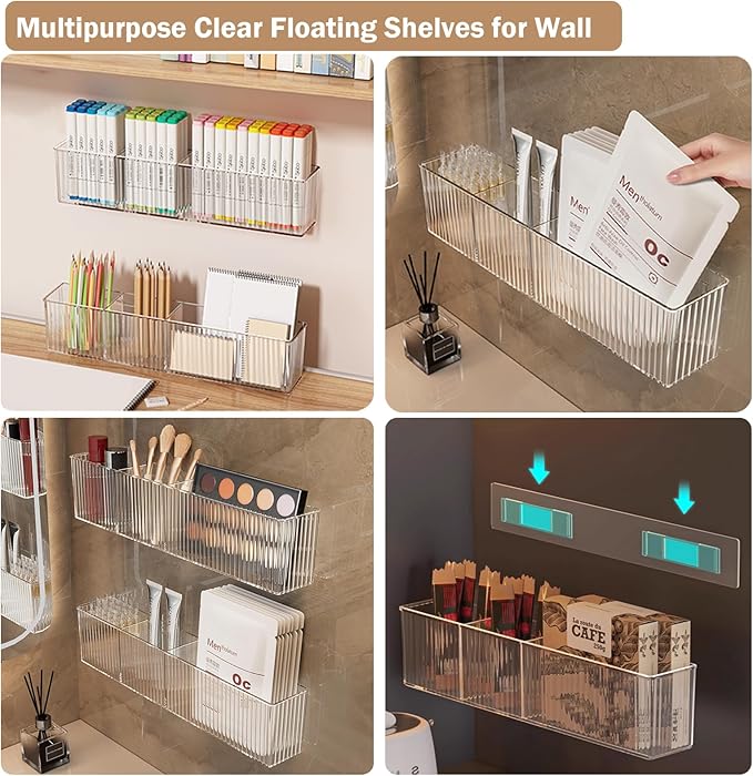 2 Pack Wall Mount Marker Organizer,Art Caddy Floating Makeup Organizer,Clear Floating Shelves Acrylic Wall Storage for Office