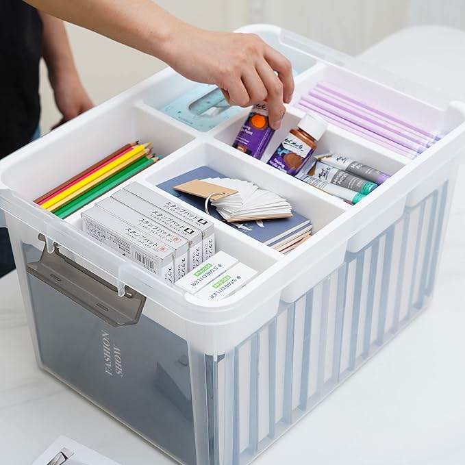 Citylife 32 QT Plastic Storage Box with Removable Tray Craft Organizers and Storage Clear Storage Container for Organizing Be