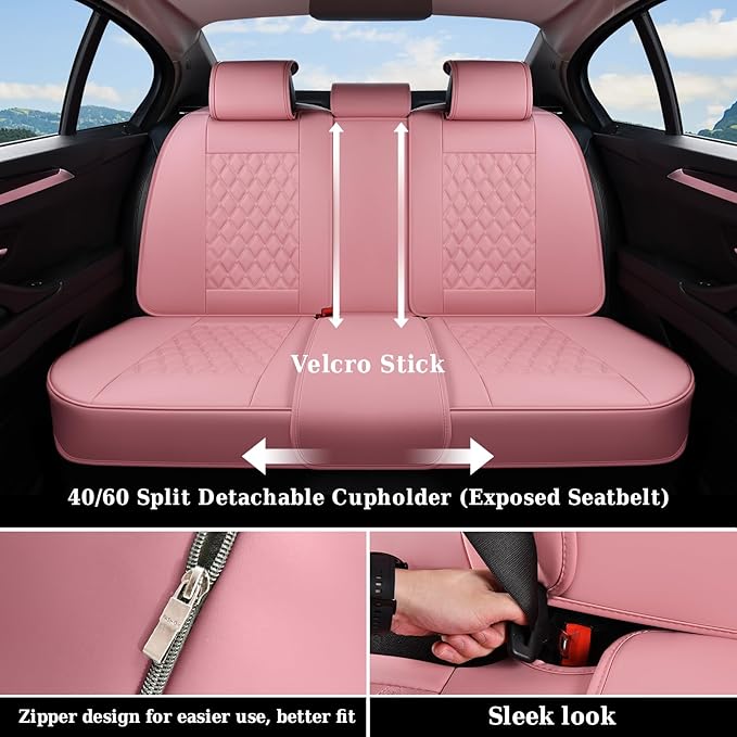 Coverado Full Set Car Seat Covers, Luxury Faux Leather Waterproof Seat Covers, Pink Car Seat Protectors, Universal Fit for Mo