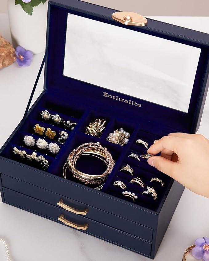 Enthralite Jewelry Box with 2 Drawers: Display Organizer for Earrings Necklaces - Gifts for Girls Women (Dark Blue)