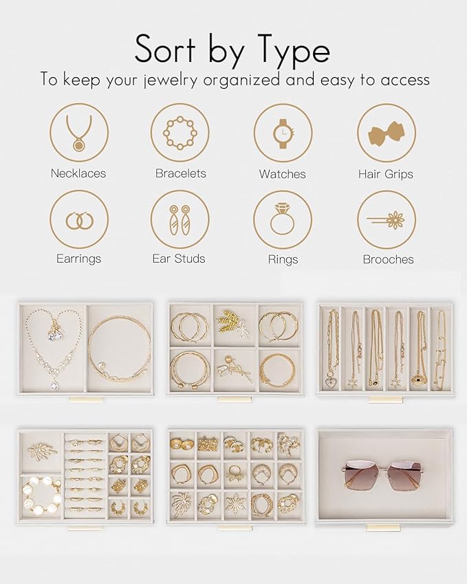 VLANDO 6 Layer Jewelry Box for Women, Glass Lid Jewelry Organizer with 6 Drawers for Necklaces Rings Earrings Bracelets - Whi