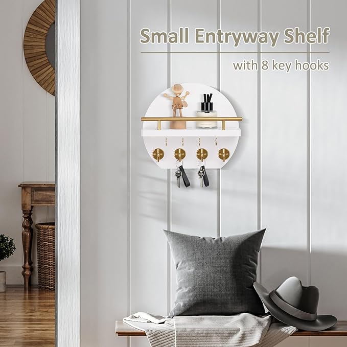 Nekon Key Holder for Wall - 9.8 Inch Apartment Wall Decor with Shelf and 8 Key Hooks, Circular Wood Key Hanger for Home Decor