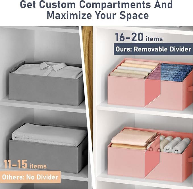 DIMJ Large Closet Shelf Organizer Bins 8 Packs with Handles and Divider, Fabric Trapezoid Storage Baskets, Foldable Clothes C