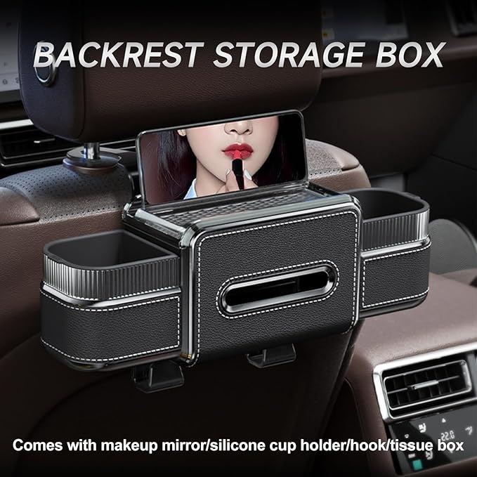 Multifunctional Car Seat Back Organizer Box with Drink Cup Holder, Makeup Mirror, Tissue Box& Hooks for Car Seat Back, New Upgrade Car Headrest Backseat Organizer Suitability for Wife, Girlfriend