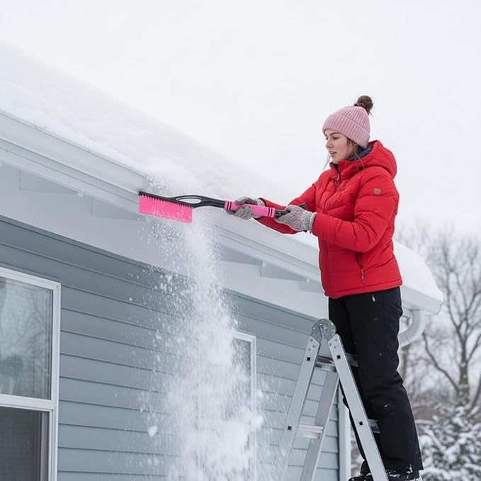 Lasnten 24'' Snow Brush and Ice Scraper for Car Windshield, 2 in 1 Detachable Snow Scraper with Soft Grip Handle and Additional Handhold, Multi-functional Removal Tool for Car, Truck, SUV, Pink