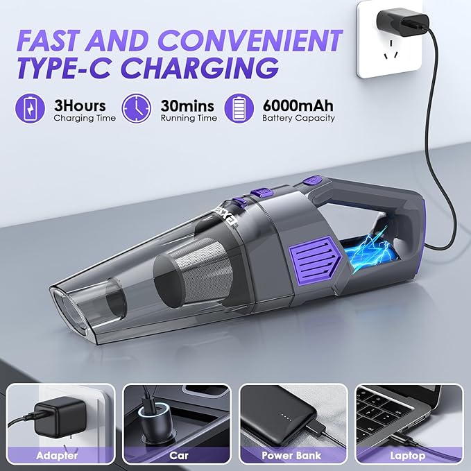 Handheld Vacuum Cordless, 15000PA Strong Suction Hand Held Car Vacuum Cleaner Rechargeable, Portable Hand Vacuum with Multi-N