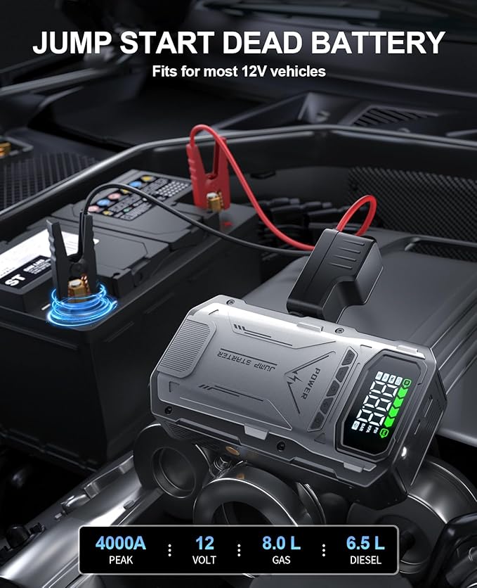 Jump Starter with Air Compressor, 4000A Portable Car Battery Charger Jump Box, 150PSI Tire Inflator and Battery Jumper Pack